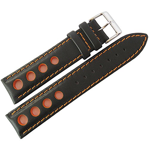 Eulit Racing Uhrenarmband, 20 mm, Leder, orangefarbene Naht, Schwarz von Eulit