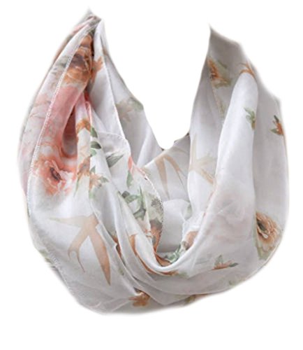Euly Loop Schal Seide Seidentuch Halstuch Tuch Schlauchschal Damen Vogel Blumen Rosa (Weiß-Hellbraun) von Euly