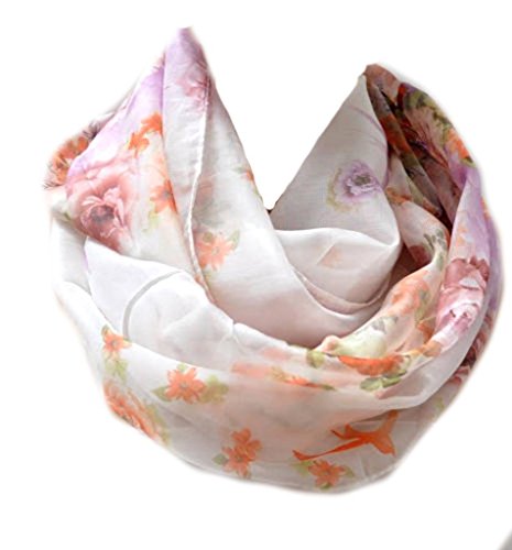Euly Loop Schal Seide Seidentuch Halstuch Tuch Schlauchschal Damen Vogel Blumen Rosa (Weiß-Orange) von Euly