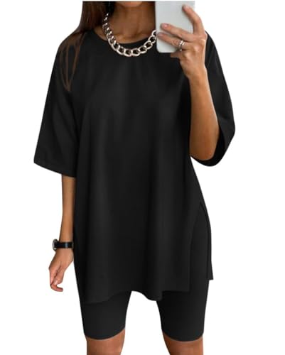 Eunike Damen Oversized Tshirt Longshirt Kurzarm Oversize Shirt Sportshirt Blusen Sommer Lockere Oberteile Funktionsshirt Tunika Locker mit Schlitzen A-Schwarz L von Eunike