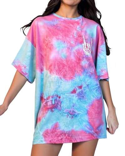 Eunike Longshirt Damen Kurzarm Sommer Oberteil Batik Shirt Rundhals Bluse Strand Tunika Lässig T-Shirt Kleid Blau-Rosa XL Eunike Longshirt Damen Kurzarm Sommer Oberteil Batik Shirt Rundhals Bluse Strand Tunika Lässig T-Shirt Kleid Blau-Rosa XL von Eunike