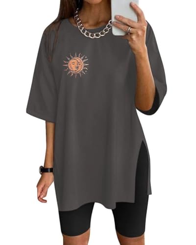 Eunike Oversize Shirt Damen Kurzarm Workout Shirt Sommer Loose Bluse Longshirt Gedruckt Tunika Locker mit Schlitzen Schlitz-Orange XXL von Eunike