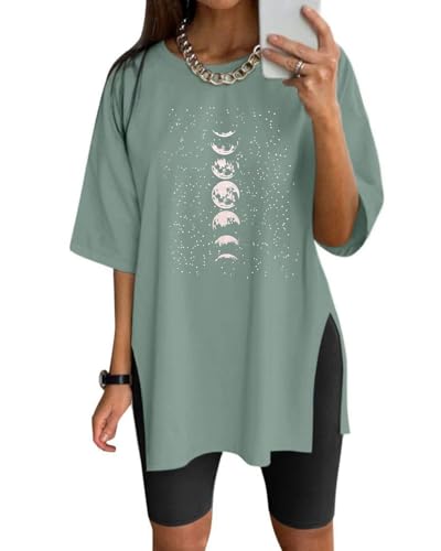 Eunike Oversize Shirt Damen Lange Tshirt Kurzarm Sportshirt Lockere Oberteile Sommer Funktionsshirt Tunika mit Schlitzen Mond-Grün XXL von Eunike