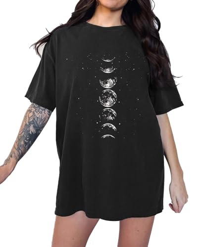 Eunike Oversize Shirt Damen Rundhals Kurzarm Oberteile Sommer Lockere Lange Tshirts Mond Tunika Lässig Schwarz-weiß S von Eunike