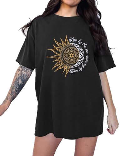 Eunike Oversize Shirt Damen Rundhals Kurzarm Oberteile Sommer Lockere Longshirt Bluse Sonne Tunika Lässig C-Mond S von Eunike