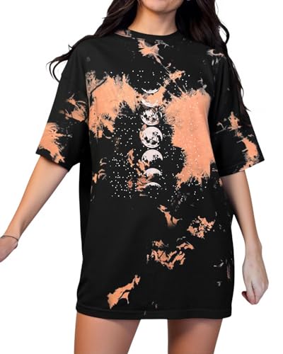 Eunike Oversize Shirt Damen Rundhals Kurzarm Oberteile Sommer Lockere Longshirt Bluse Mond Tunika Lässig Mond-Batik L von Eunike