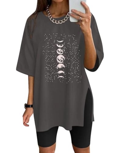 Eunike Oversize Shirt Damen Lange Tshirt Kurzarm Sportshirt Lockere Oberteile Sommer Funktionsshirt Tunika mit Schlitzen Schlitz-Mond XXL von Eunike
