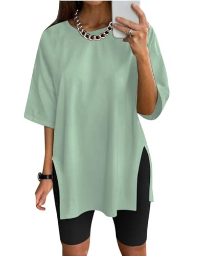 Eunike Oversized Tshirt Damen Sportshirt Kurzarm Blusen Sommer Lockere Oberteile Funktionsshirt Tunika Locker mit Schlitzen Grün M von Eunike