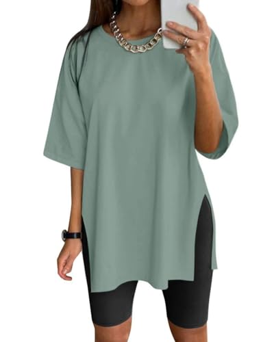 Eunike Oversized Tshirt Damen Sportshirt Kurzarm Blusen Sommer Lockere Oberteile Funktionsshirt Tunika Locker mit Schlitzen Grün S von Eunike