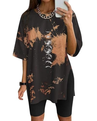 Eunike Shirt Damen Oversized Tshirt Kurzarm Workout Batik Oberteil Loose Bluse Longshirt Sommer Tunika Locker mit Schlitzen Mond-Batik XL von Eunike