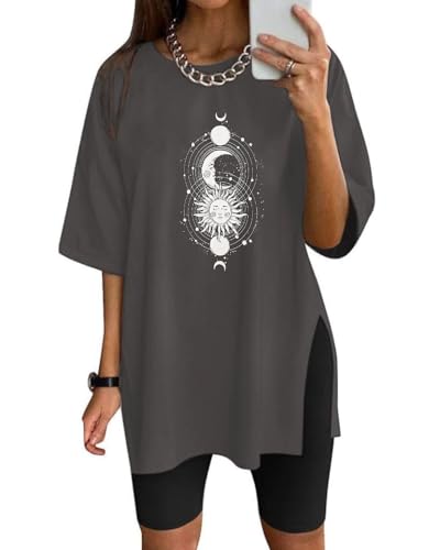 Eunike Tshirt Damen Oversize Kurzarm Workout Shirt Sommer Loose Bluse Longshirt Gedruckt Tunika Locker mit Schlitzen Schlitz-Sonne XXL von Eunike
