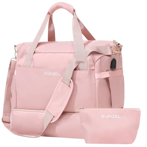 Weekender Tasche für Damen, Sport Reise Duffel Bag mit USB-Ladeanschluss, Turnbeutel mit Nassfach und Schuhfach für Frauen, Pink, Turnbeutel von Eunzel