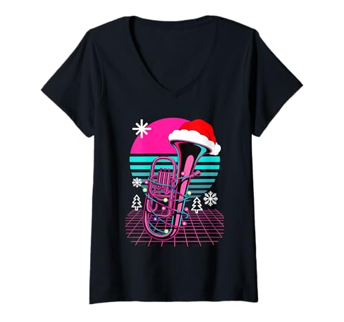 Damen Weihnachten Synthwave Euphonium Euphonist T-Shirt mit V-Ausschnitt Damen Weihnachten Synthwave Euphonium Euphonist T-Shirt mit V-Ausschnitt von Euphonium Player Gifts
