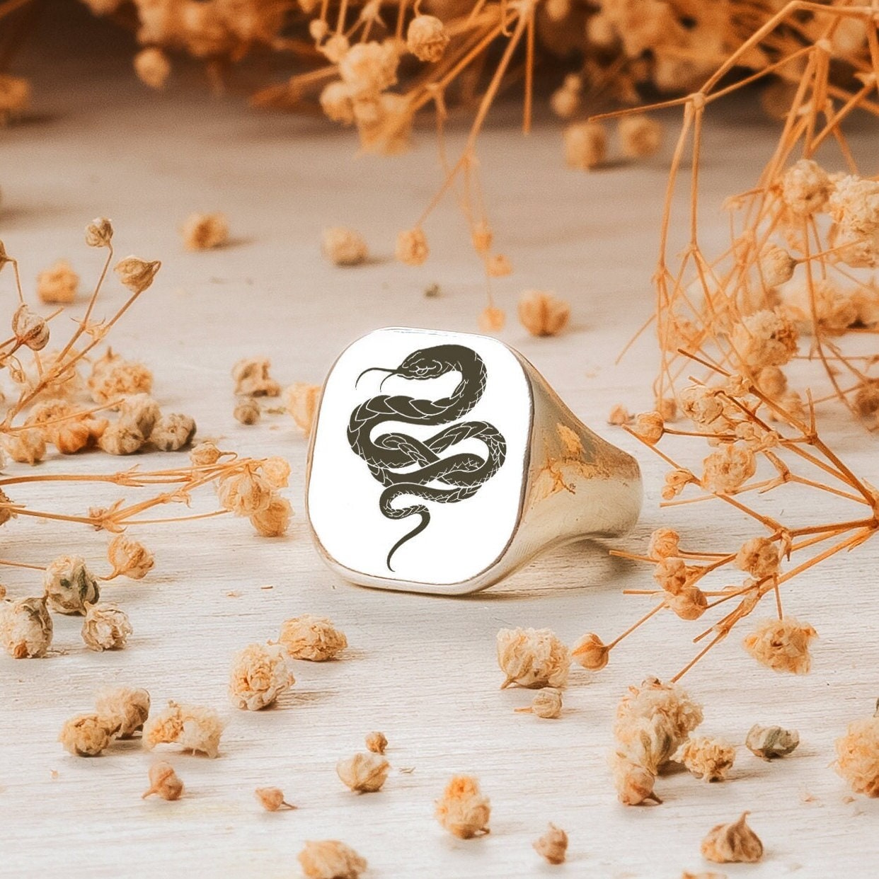 Schwarze Schlange Ring Sterling Silber Siegelring, Quadrat Tier Ring, Benutzerdefinierte Gravur Personalisierte Wrap Rose Gold Gefüllte von EuphonyJewelry