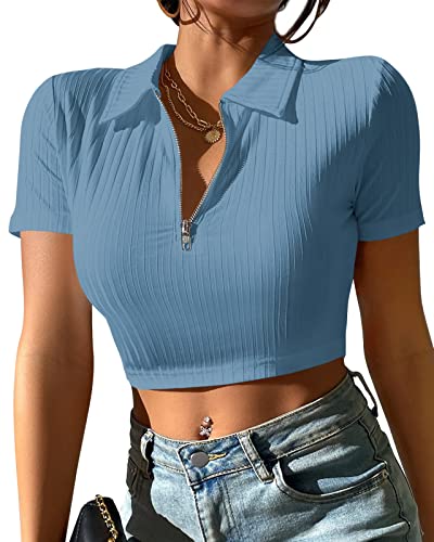 Damen Halb Reißverschluss V Ausschnitt Kurzarm Polo Crop Tops Geripptes T Shirt von Eurivicy