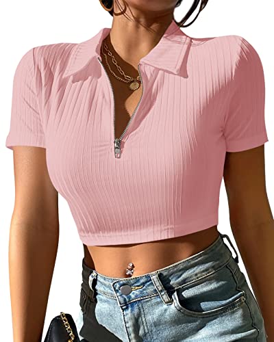 Damen Halb Reißverschluss V Ausschnitt Kurzarm Polo Crop Tops Geripptes T Shirt von Eurivicy