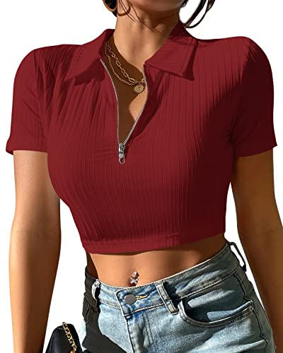 Damen Halb Reißverschluss V Ausschnitt Kurzarm Polo Crop Tops Geripptes T Shirt von Eurivicy