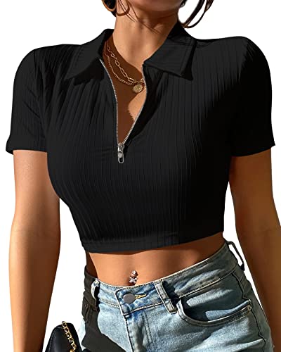 Damen Halb Reißverschluss V Ausschnitt Kurzarm Polo Crop Tops Geripptes T Shirt von Eurivicy