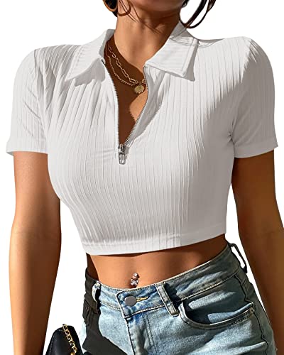 Damen Halb Reißverschluss V Ausschnitt Kurzarm Polo Crop Tops Geripptes T Shirt von Eurivicy