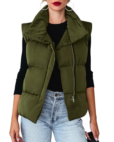 Eurivicy Damen Steppweste Leichte Reißverschluss Gepolsterte Weste Ärmellose Jacke Stehkragen Kurze Outwear, Grün , Medium von Eurivicy