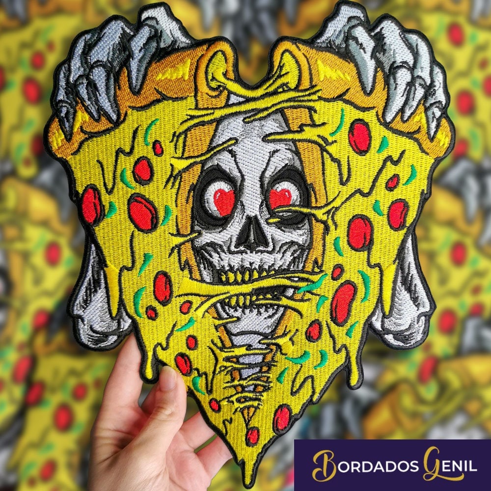 Totenkopf Großer Rücken Aufnäher Auf Weste, Aufnäher, Benutzerdefinierter Bestickter Bügel Patch, Pizza Patch Süchtig von EuroPatches