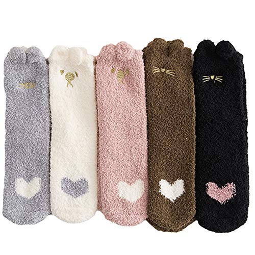 Eurobuy 5 Paar Frauen Fuzzy Socken Weiche Warme Flauschige Socken Niedlichen Tier Katze Fleece Futter Winter Slipper Socken von Eurobuy