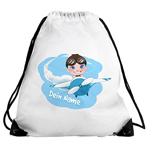 Eurofoto Turnbeutel mit Namen und Motiv mit Pilot | Sport-Beutel personalisiert | Gymbag mit Wunschnamen von Eurofoto