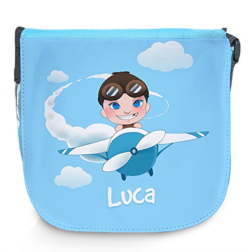 Eurofoto Umhängetasche für Kinder mit Namen Luca und schönem Motiv mit Pilot und Flugzeug | Schultertasche für Jungen von Eurofoto