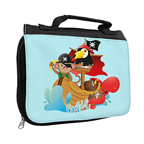 Kulturbeutel mit Namen Emil und Tier Piraten-Motiv | Kulturtasche mit Vornamen | Waschtasche für Kinder von Eurofoto