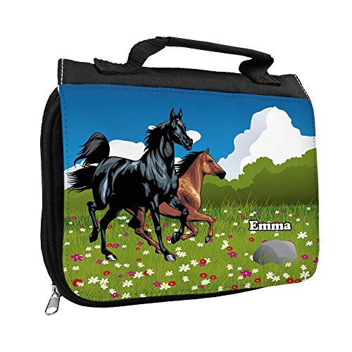Kulturbeutel mit Namen Emma und Pferde-Motiv für Mädchen | Kulturtasche mit Vornamen | Waschtasche für Kinder von Eurofoto