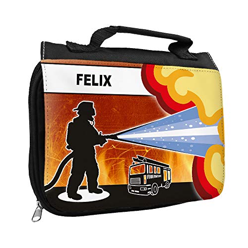 Kulturbeutel mit Namen Felix und Feuerwehr-Motiv für Jungen | Kulturtasche mit Vornamen | Waschtasche für Kinder von Eurofoto