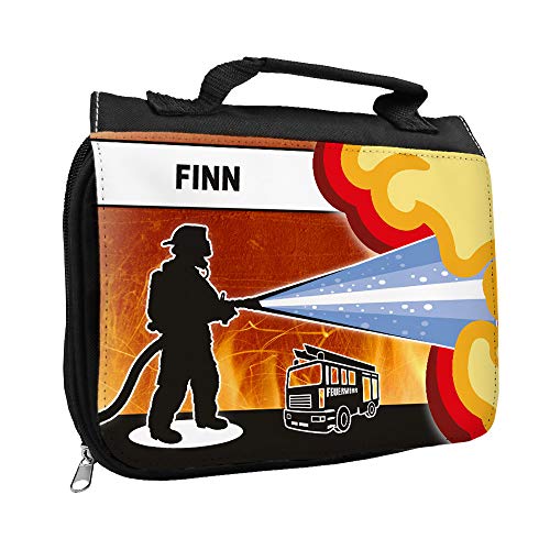 Kulturbeutel mit Namen Finn und Feuerwehr-Motiv für Jungen | Kulturtasche mit Vornamen | Waschtasche für Kinder von Eurofoto