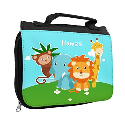 Kulturbeutel mit Namen Hamza und Motiv mit Zoo-Tieren für Jungen | Kulturtasche mit Vornamen | Waschtasche für Kinder von Eurofoto