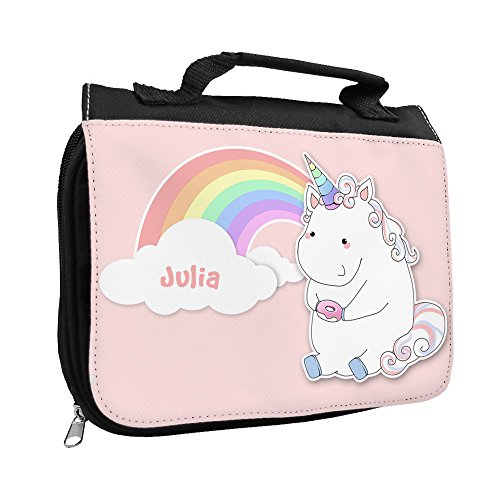 Kulturbeutel mit Namen Julia und süßem Motiv mit Einhorn mit Donut und Regenbogen für Mädchen | Kulturtasche mit Vornamen | Waschtasche für Kinder von Eurofoto