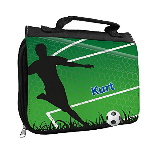 Kulturbeutel mit Namen Kurt und Fußballer-Motiv mit Tor für Jungen | Kulturtasche mit Vornamen | Waschtasche für Kinder von Eurofoto