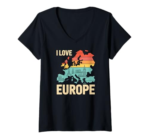 Damen I Love Europe Retro Skyline Wahrzeichen Kunst T-Shirt mit V-Ausschnitt Damen I Love Europe Retro Skyline Wahrzeichen Kunst T-Shirt mit V-Ausschnitt von European Adventure Culture Heritage Travel