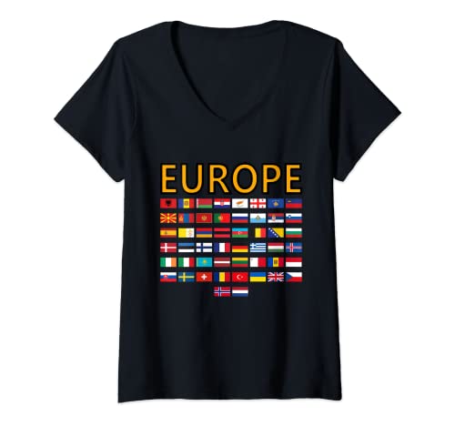 Damen Flaggen von Europa, Europa Reise World Geographie Länderflaggen T-Shirt mit V-Ausschnitt Damen Flaggen von Europa, Europa Reise World Geographie Länderflaggen T-Shirt mit V-Ausschnitt von European Flags and International World Travel Tees