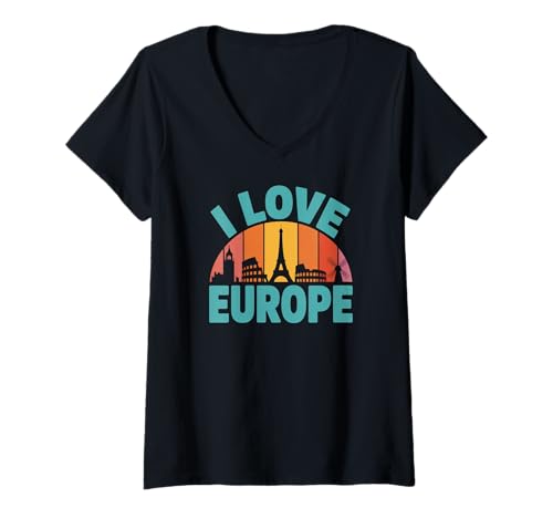 Damen I Love Europe berühmte Sehenswürdigkeiten Silhouette T-Shirt mit V-Ausschnitt Damen I Love Europe berühmte Sehenswürdigkeiten Silhouette T-Shirt mit V-Ausschnitt von European Landmarks Travel Enthusiasts