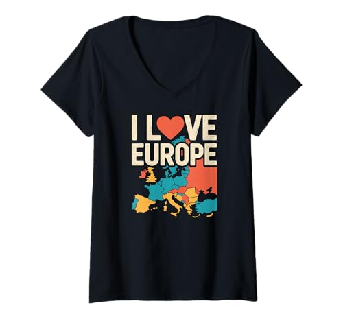 Damen I Love Europe Travel Map Grafik-T-Shirt T-Shirt mit V-Ausschnitt Damen I Love Europe Travel Map Grafik-T-Shirt T-Shirt mit V-Ausschnitt von European Travel Adventure Graphic Map