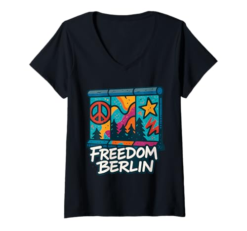 Damen Berliner Mauer Freiheit T-Shirt mit V-Ausschnitt Damen Berliner Mauer Freiheit T-Shirt mit V-Ausschnitt von European Travel Apparel