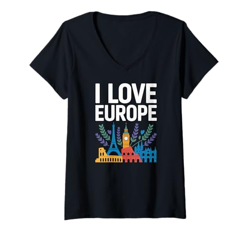 Damen Ich liebe das Design der ikonischen Wahrzeichen Europas T-Shirt mit V-Ausschnitt von European Travel Culture Landmarks Love