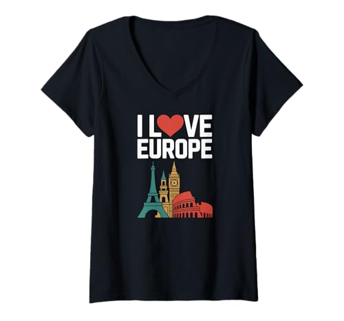 Damen Ich liebe den Stil der ikonischen Wahrzeichen Europas T-Shirt mit V-Ausschnitt Damen Ich liebe den Stil der ikonischen Wahrzeichen Europas T-Shirt mit V-Ausschnitt von European Travel Enthusiast Icons