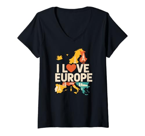 Damen Ich Liebe Europa, Abenteuer, Wanderlust T-Shirt mit V-Ausschnitt Damen Ich Liebe Europa, Abenteuer, Wanderlust T-Shirt mit V-Ausschnitt von European Travel Enthusiasts Love Culture
