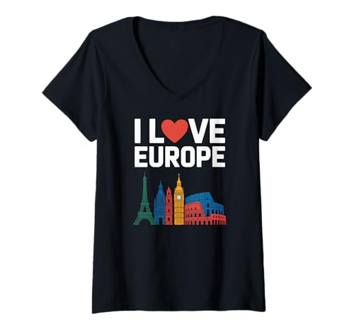 Damen I Love Europe ikonische Reiseziele T-Shirt mit V-Ausschnitt Damen I Love Europe ikonische Reiseziele T-Shirt mit V-Ausschnitt von European Travel Lovers Iconic Landmarks