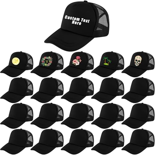 Eurzom 20 Stück Sublimation Blank Mesh Baseball Kappe Polyester Mesh Einfarbig Trucker Hut Druck Stickerei Sommer Unisex, Schwarz, M/L von Eurzom