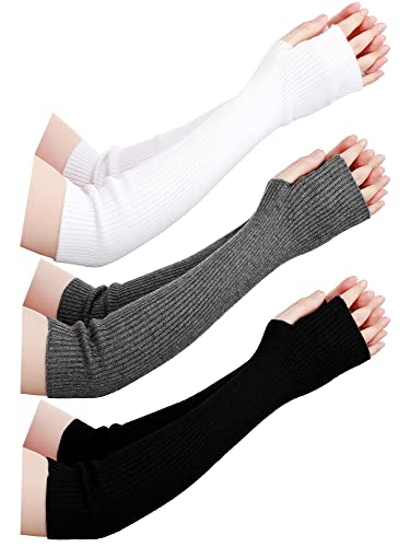 Eurzom 3 Paar Armstulpen für Frauen Mischung Fingerlose Handschuhe Winter Strick Wolle Daumenloch Handschuhe für Frauen Mädchen, Schwarz, Weiß, Grau, 40 cm von Eurzom