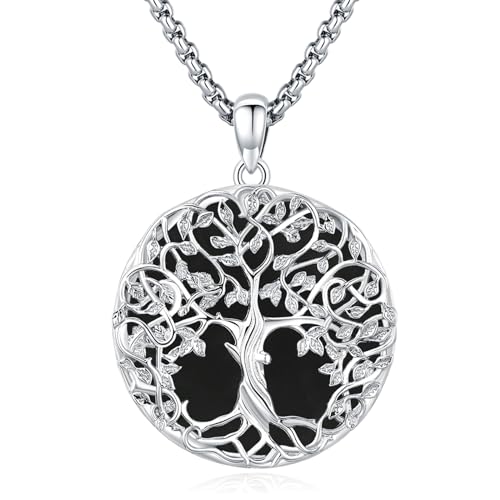 Eusense Baum des Lebens Anhänger 925 Sterling Silber mit Schwarzem Obsidian Baum des Lebens Halskette Kette Schmuck Geschenk für Frauen Mädchen von Eusense