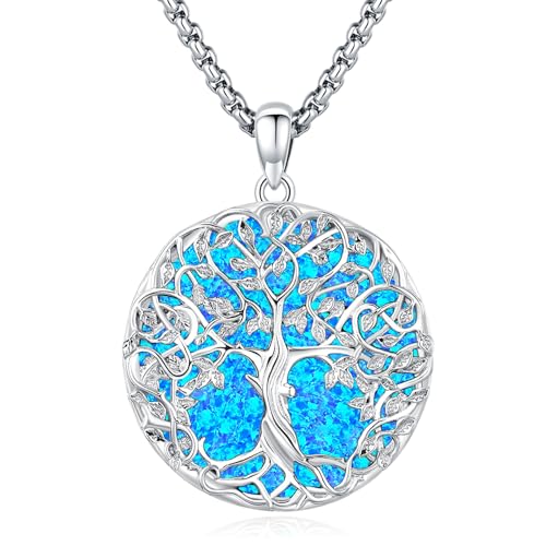 Eusense Baum des Lebens Anhänger Halskette 925 Sterling Silber mit Blauem Opal Baum des Lebens Halskette Kette Schmuck Geschenk für Frauen Mädchen von Eusense