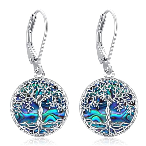 Eusense Baum des Lebens Ohrring 925 Sterling Silber Abalone Shell Ohrringe Baum des Lebens hängende Ohrringe Schmuck Geschenk für Frauen Mädchen von Eusense