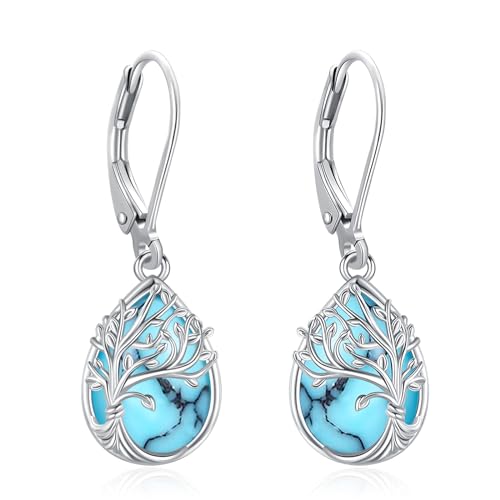Eusense Baum des Lebens Ohrring 925 Sterling Silber Ohrringe Hanging Türkis Ohrringe Schmuck Geschenk für Damen Frauen Mädchen von Eusense